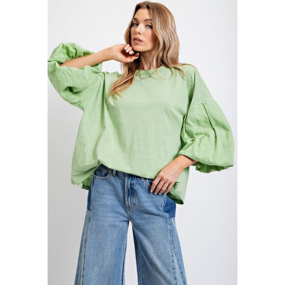 easel Tops - Easel Sage Green Mineral Washed Embroidered Balloon Sleeves Loose Fit Top